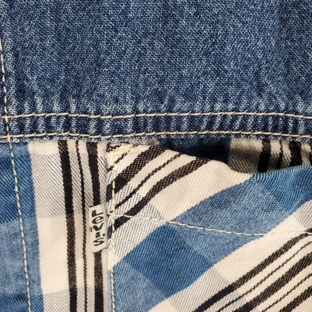 Vtg Levis Shirt Mens M Blue White Plaid Check 3/4 Sleeves Full Zip